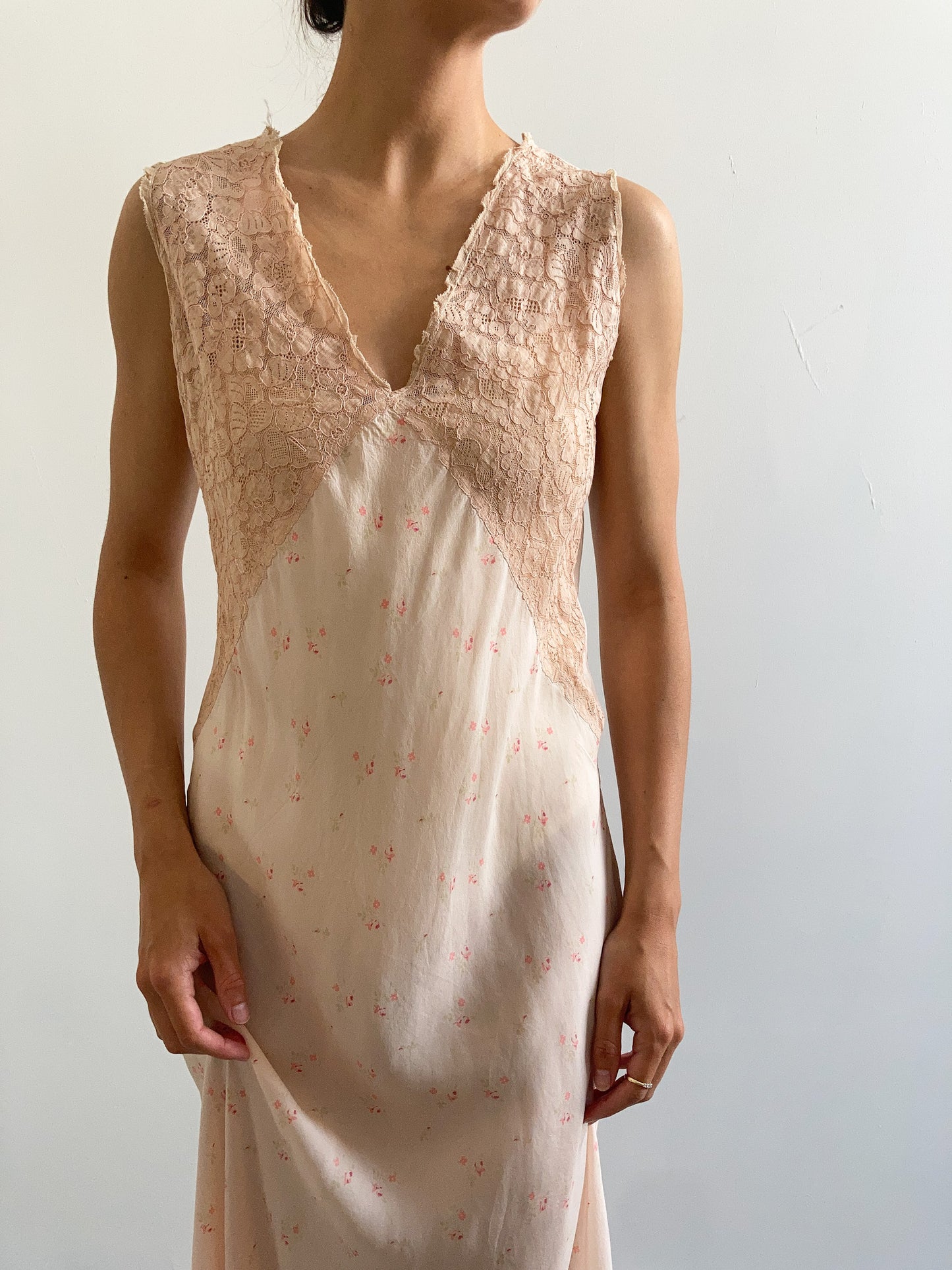 1920s Pink Lace and Ditsy Floral Silk Gown