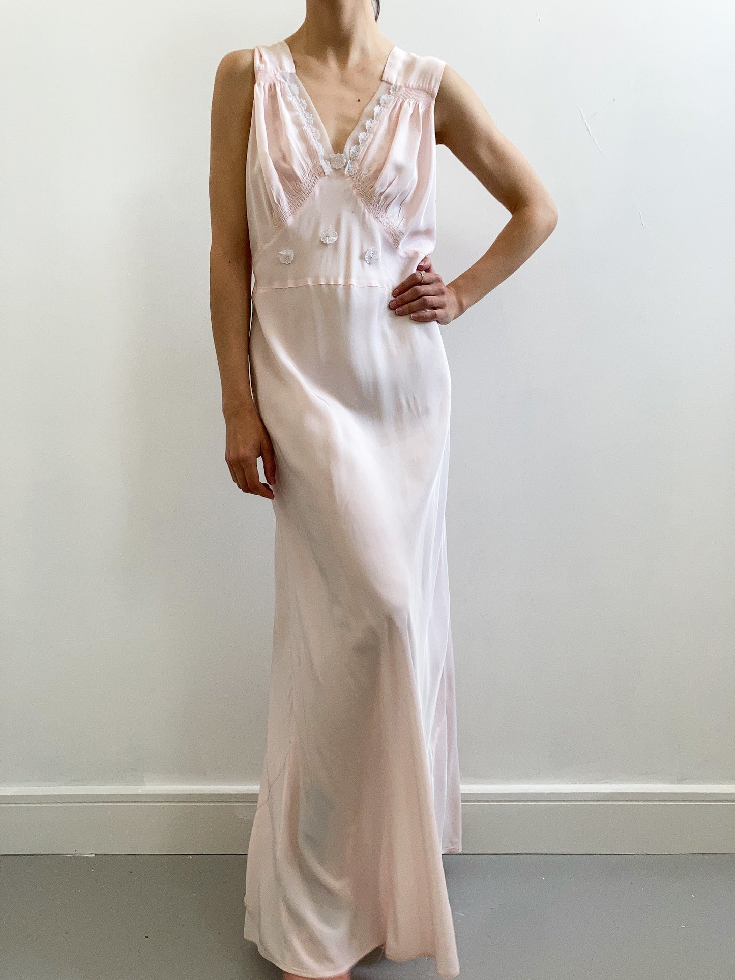 1930s Pink Slip Gown with Floral Appliques