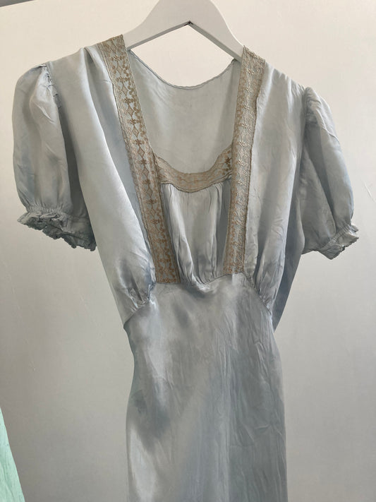 1930s Silk Satin Gathered Puff Sleeve Dyed Slip Gown - Ice