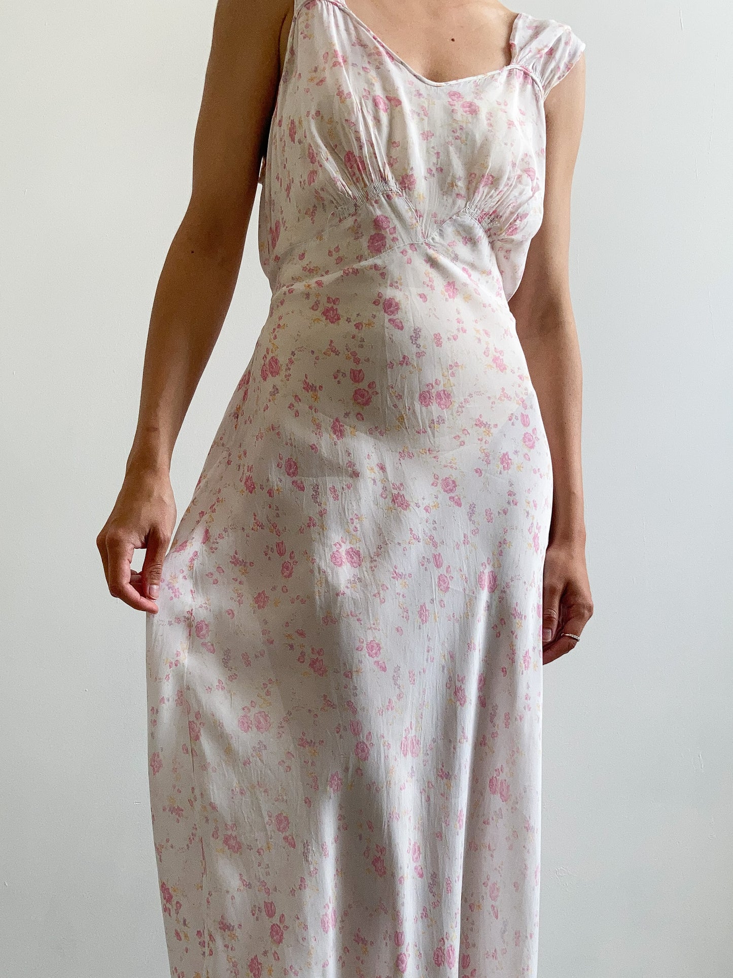 1930s Pink Floral Gathered Slip Gown