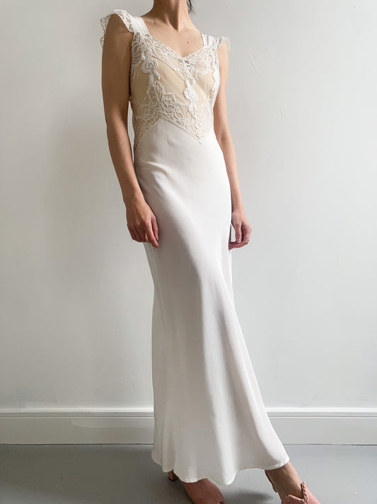 1940s White Floral Overlay Slip Gown