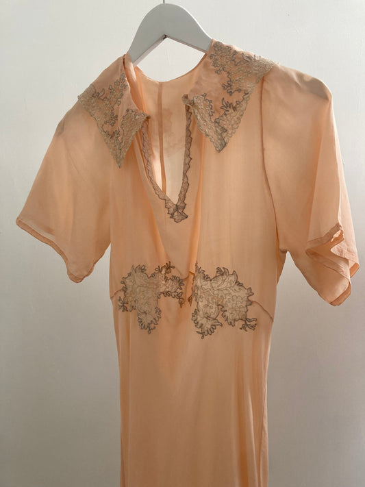 1930s Peach Silk Chiffon Collared Gown with Floral Lace