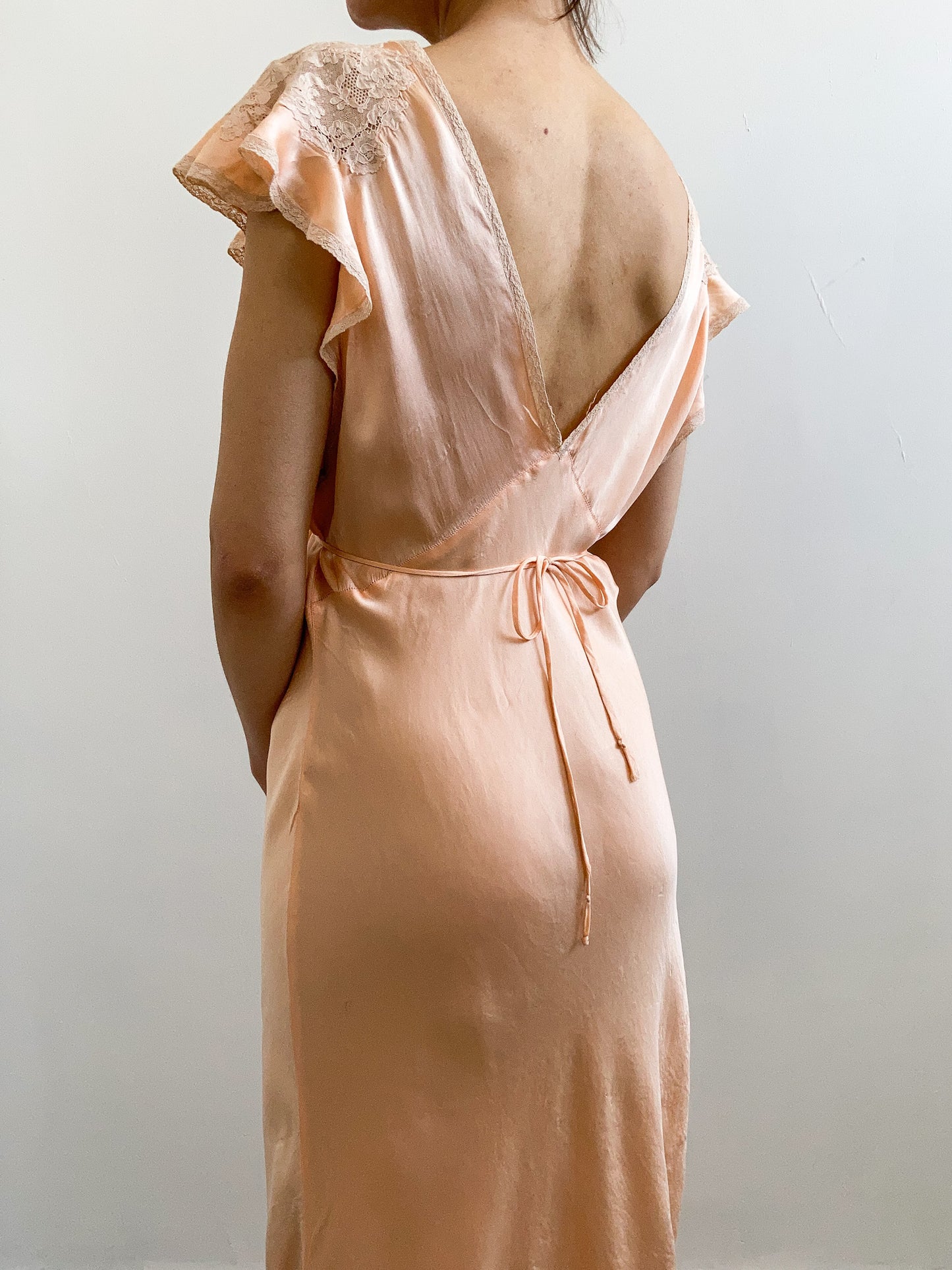 1930s Apricot Silk Floral Gown with Cap Sleeves