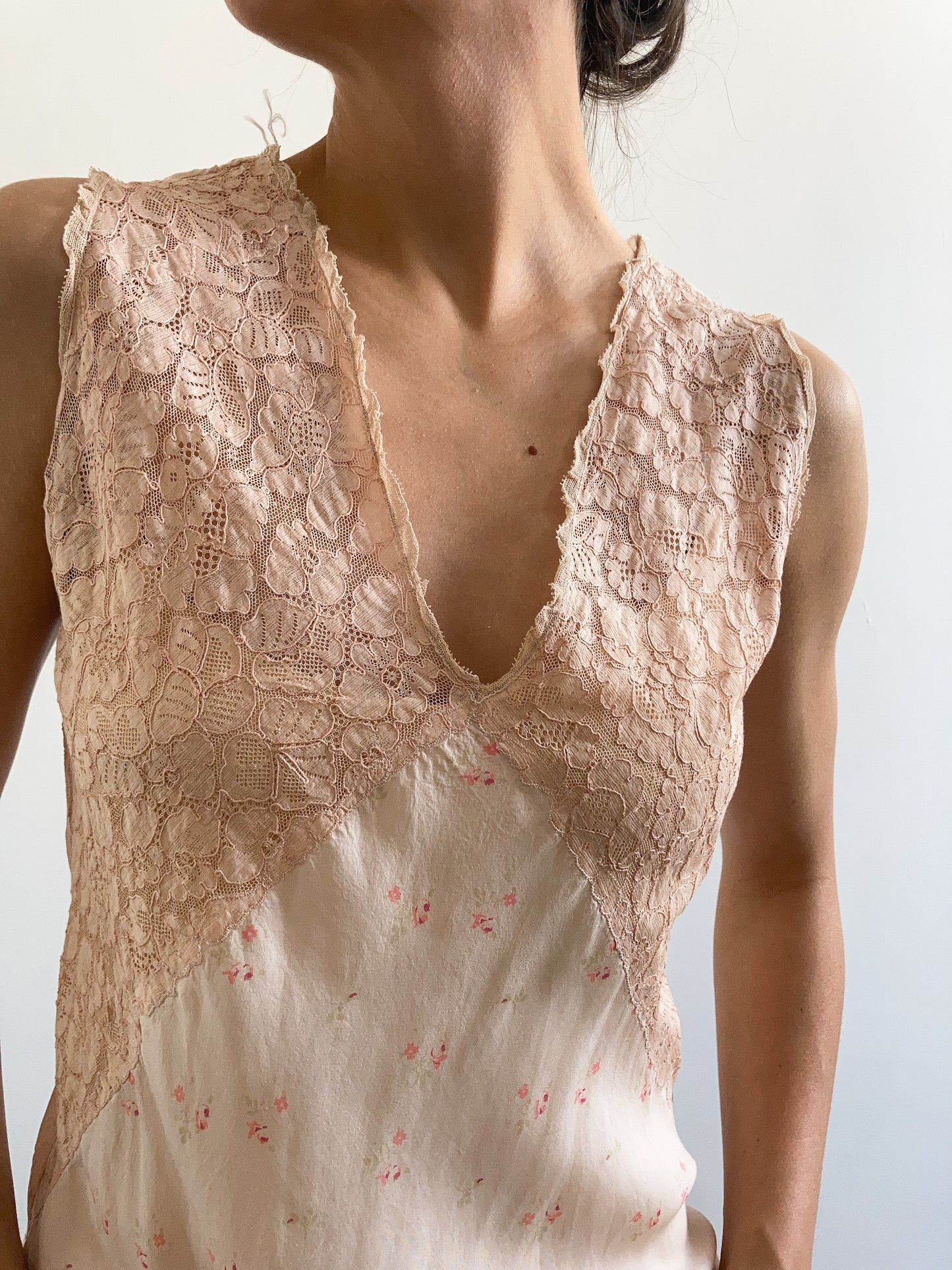 1920s Pink Lace and Ditsy Floral Silk Gown