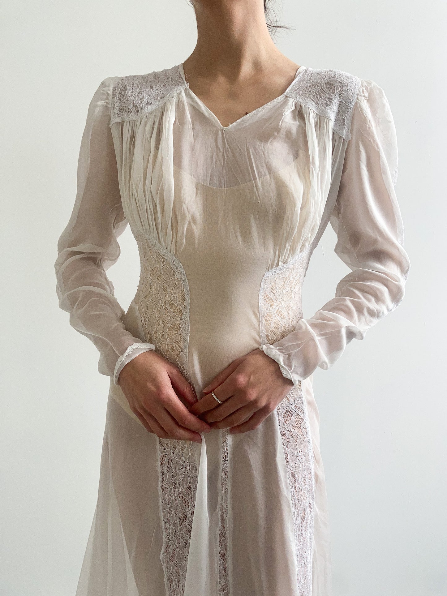 1940s Sheer Lace Wedding Gown with Train