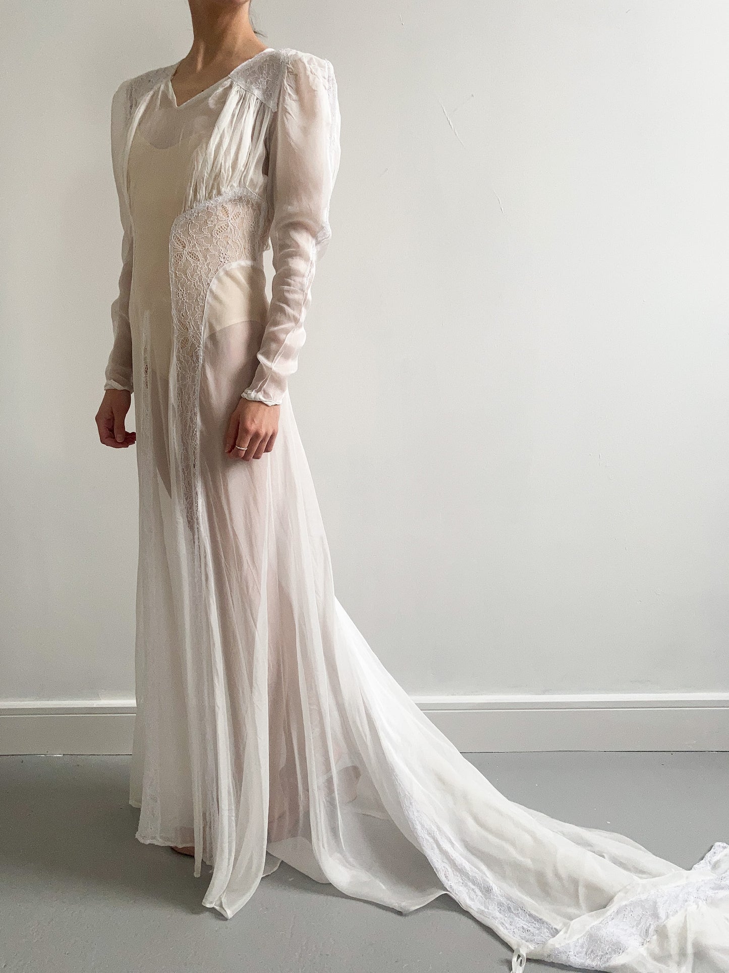 1940s Sheer Lace Wedding Gown with Train