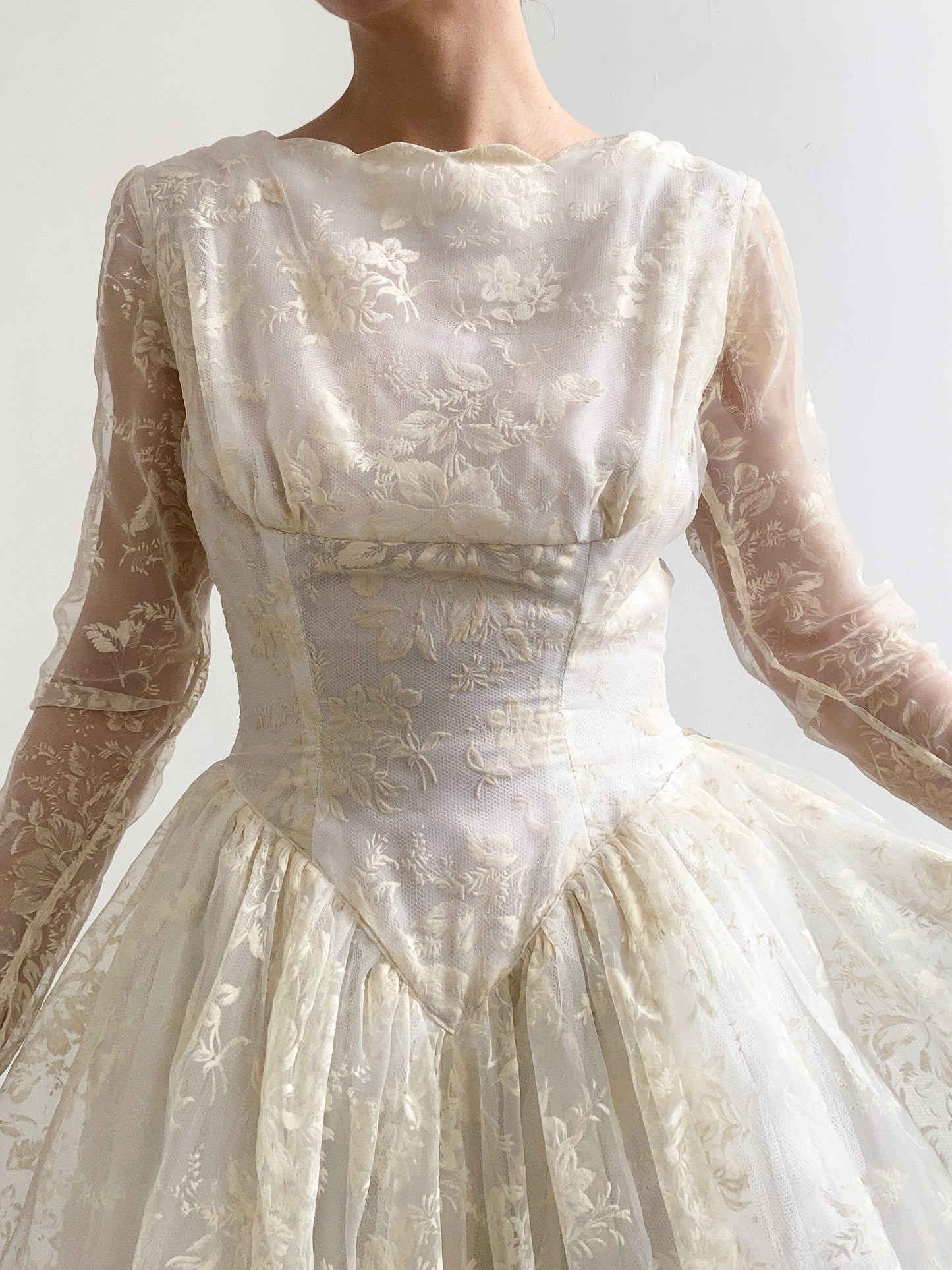 1940s Flocked Floral Organza Wedding Gown