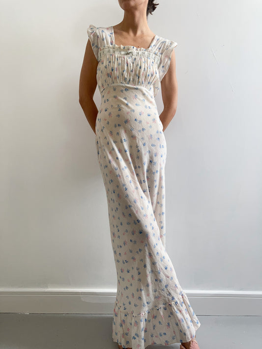 1930s Cotton Voile Ruched Slip Gown in Botanical Print