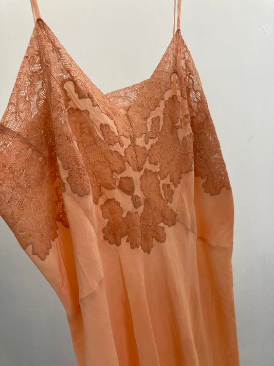 1940s Crepe Floral Embroidered Dyed Slip - Coral