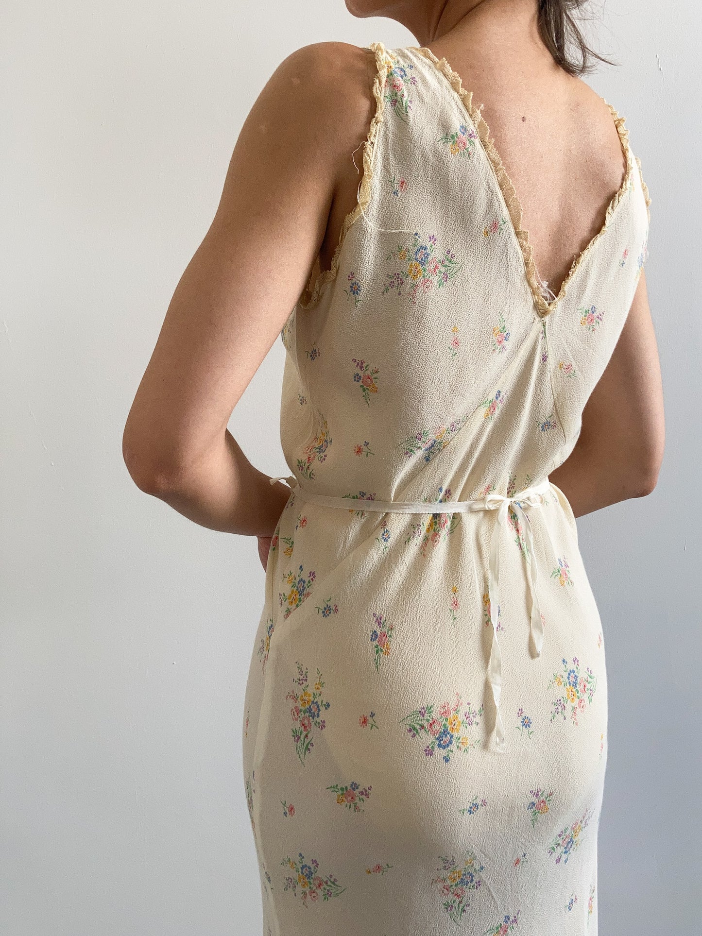 1930s Yellow Silk Crepe Floral Collared Slip Gown