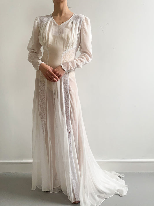 1940s Sheer Lace Wedding Gown with Train