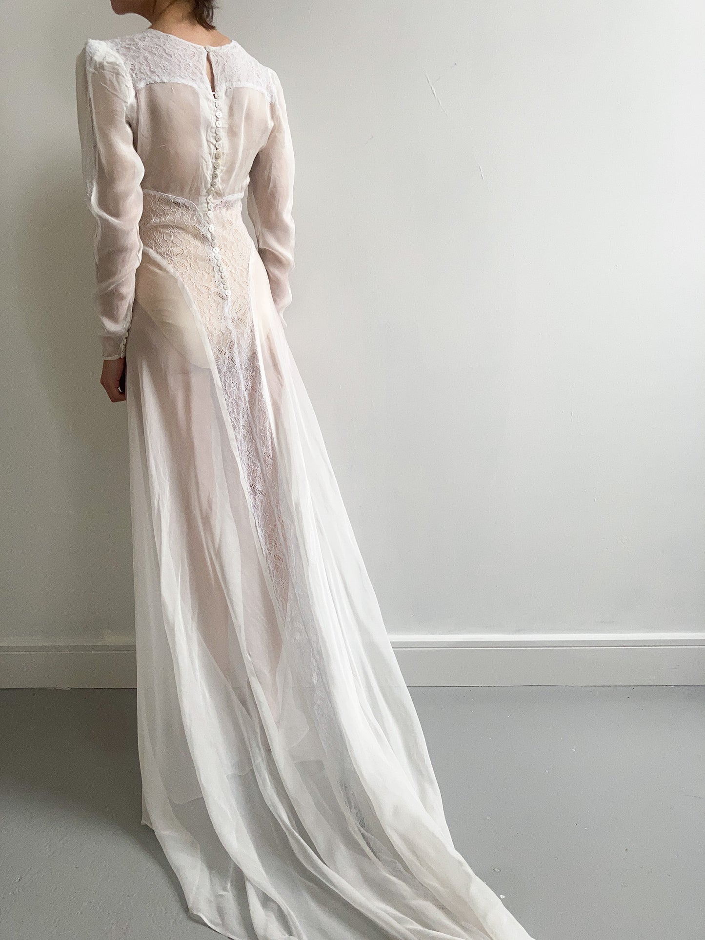 1940s Sheer Lace Wedding Gown with Train