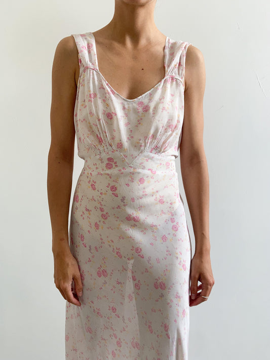 1930s Pink Floral Gathered Slip Gown