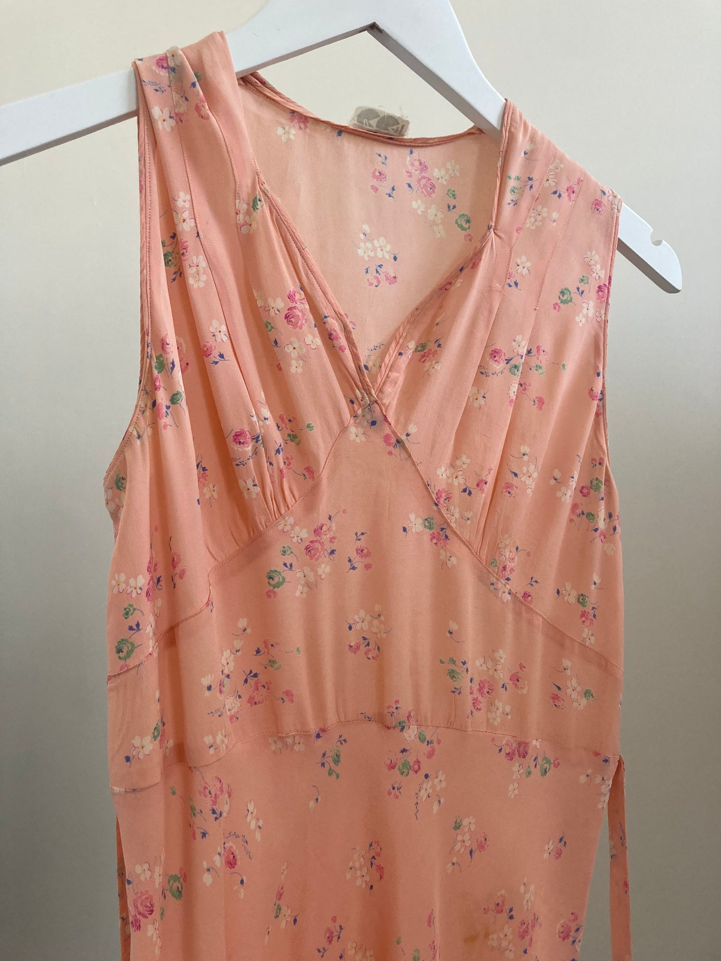 1930s Pink Ditsy Floral Gathered Slip Gown