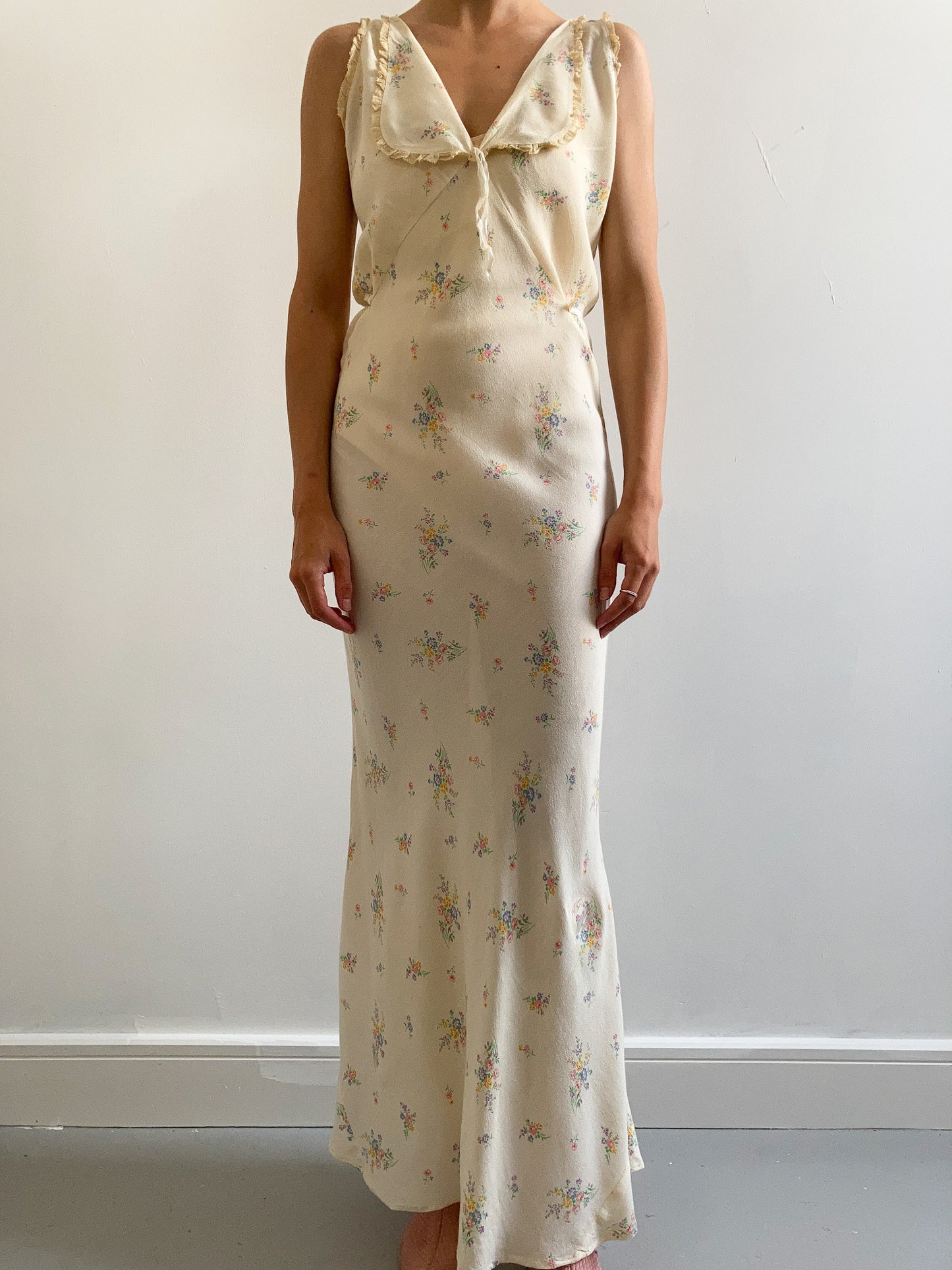 1930s Yellow Silk Crepe Floral Collared Slip Gown