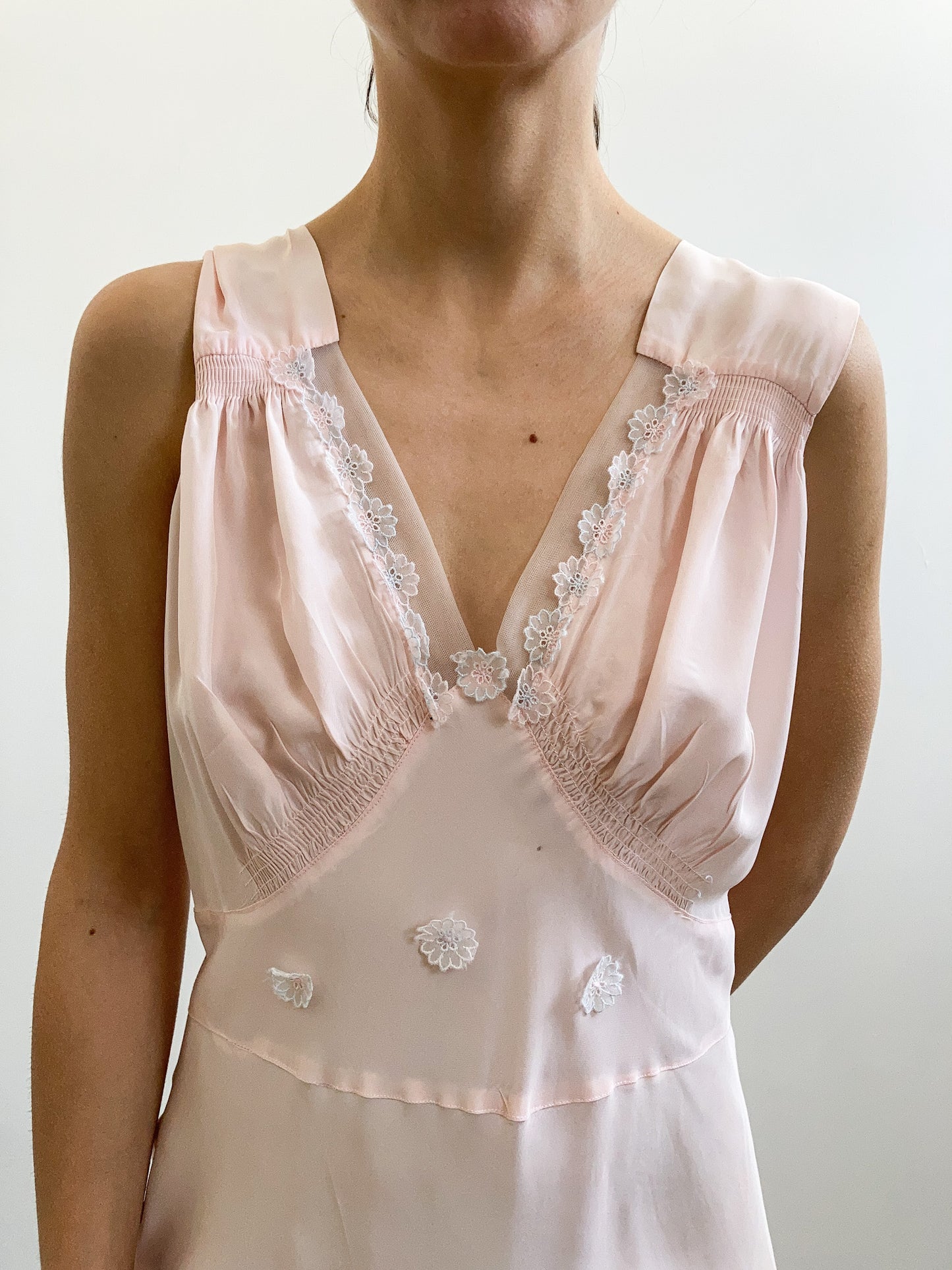 1930s Pink Slip Gown with Floral Appliques