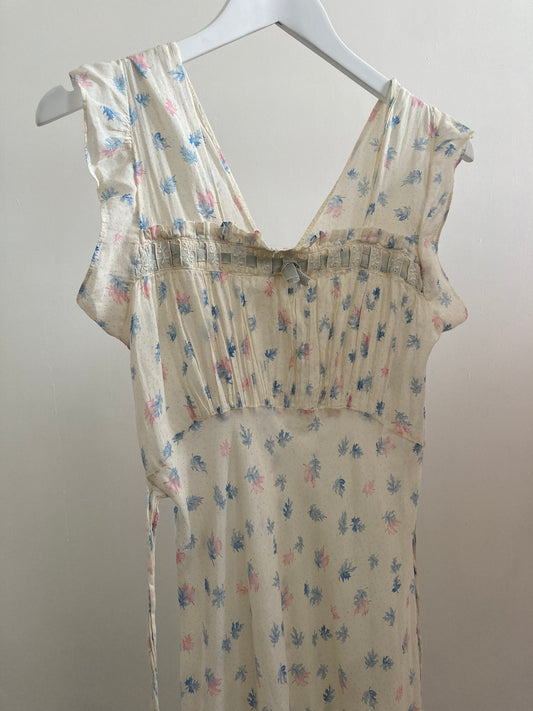1930s Cotton Voile Ruched Slip Gown in Botanical Print