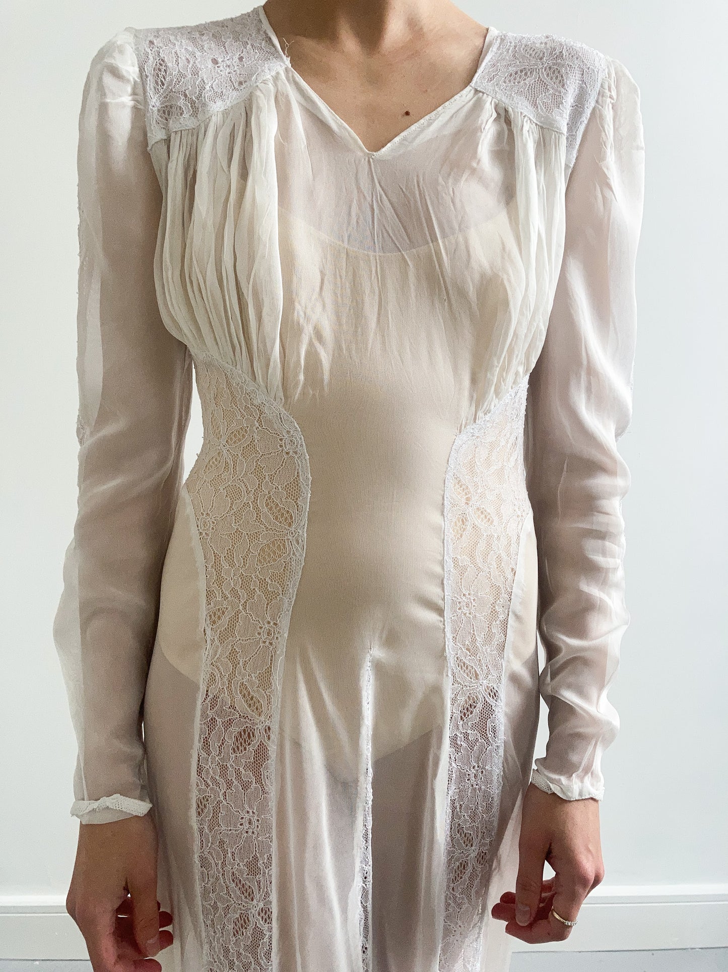 1940s Sheer Lace Wedding Gown with Train