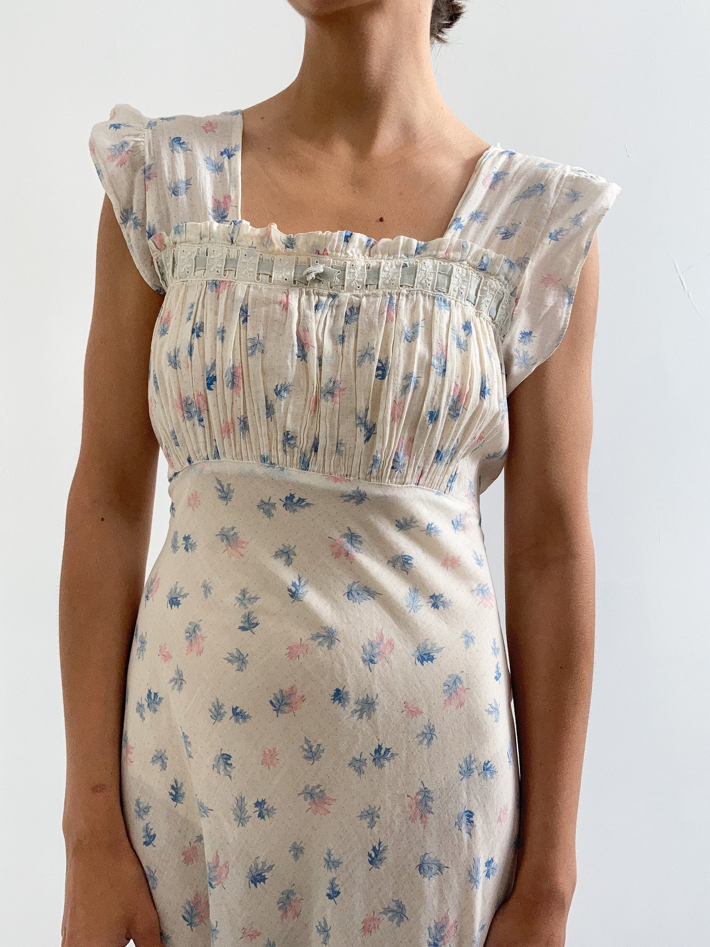 1930s Cotton Voile Ruched Slip Gown in Botanical Print