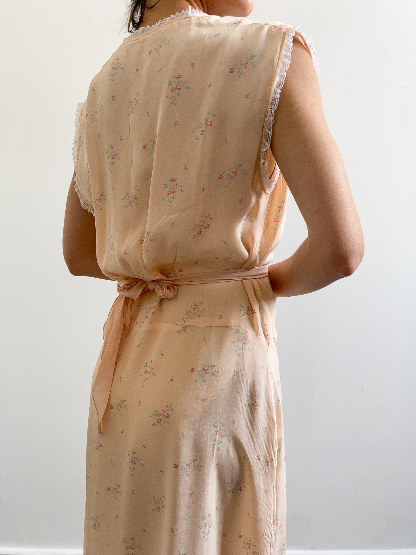 1940s Ditsy Floral Peach Slip Gown with Lace Trim