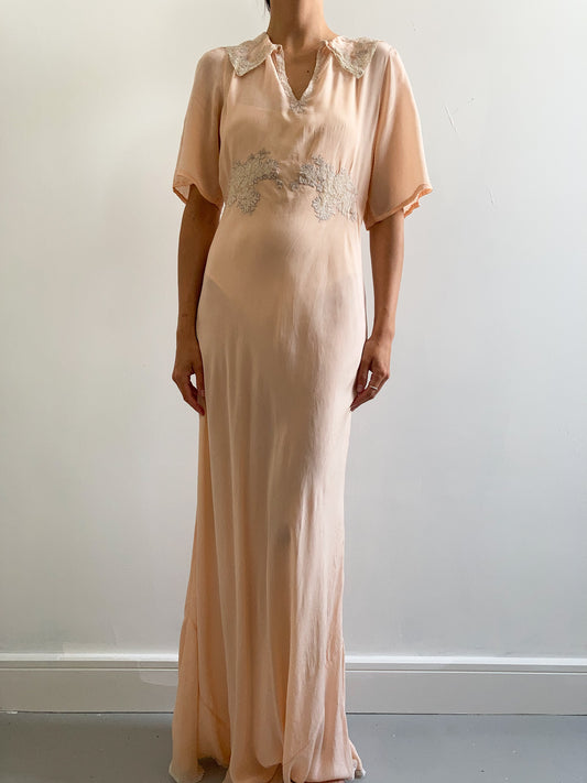 1930s Peach Silk Chiffon Collared Gown with Floral Lace