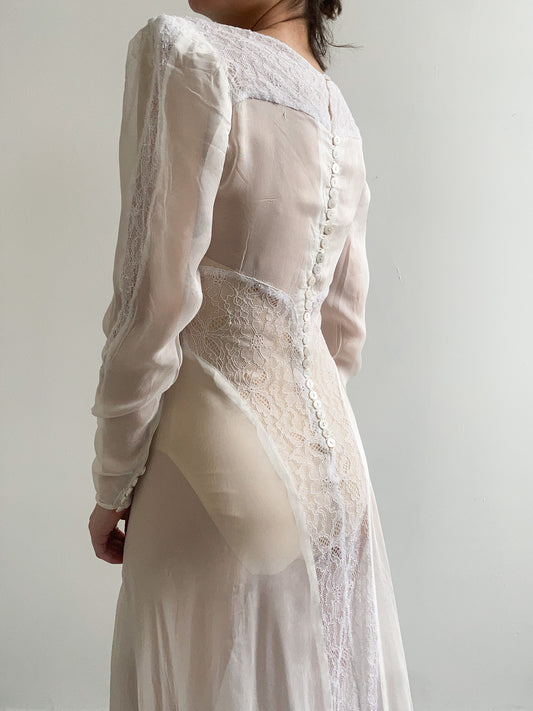 1940s Sheer Lace Wedding Gown with Train