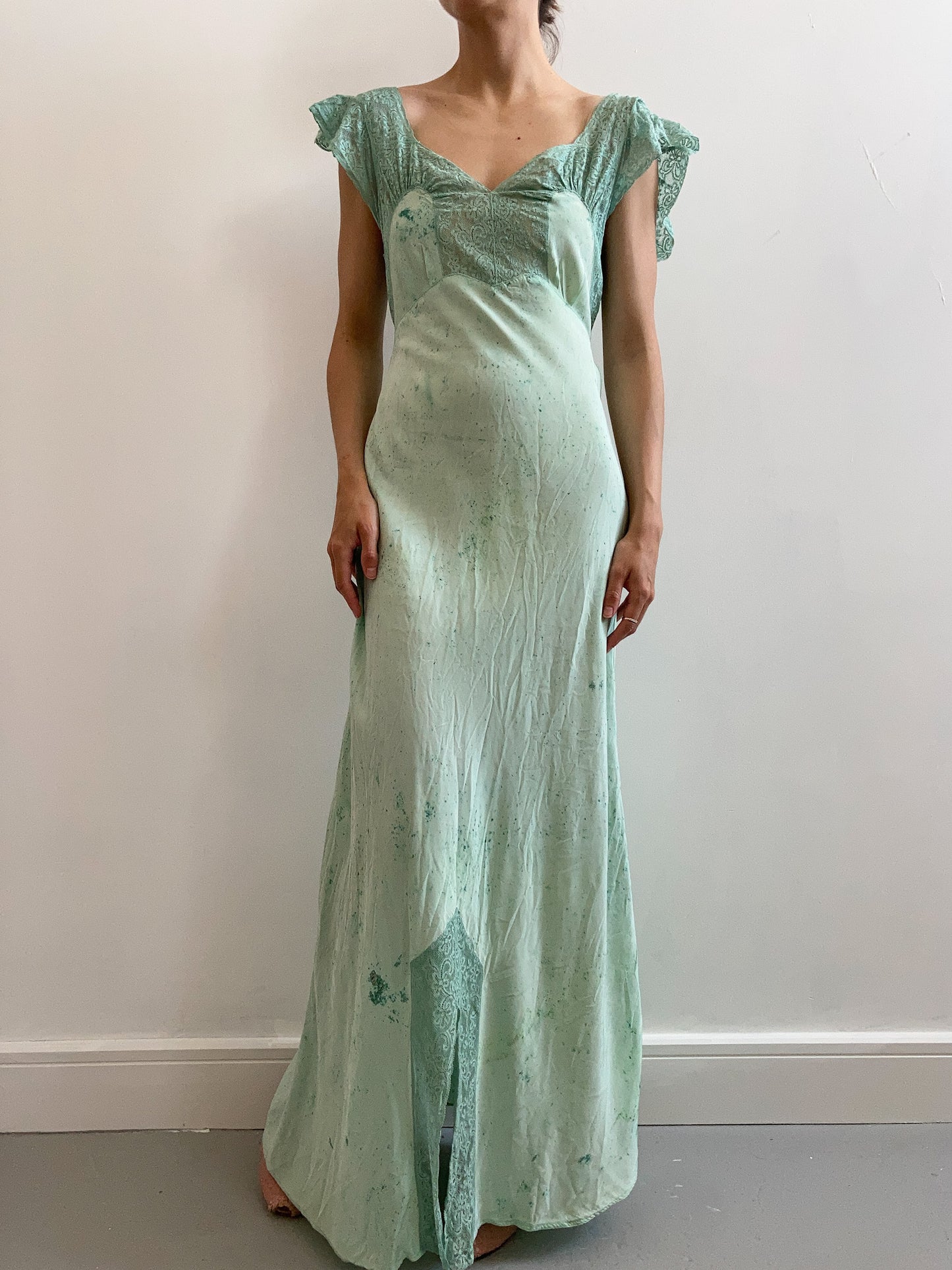 1940s Cap Sleeve & Lace Dyed Slip Gown - Seafoam