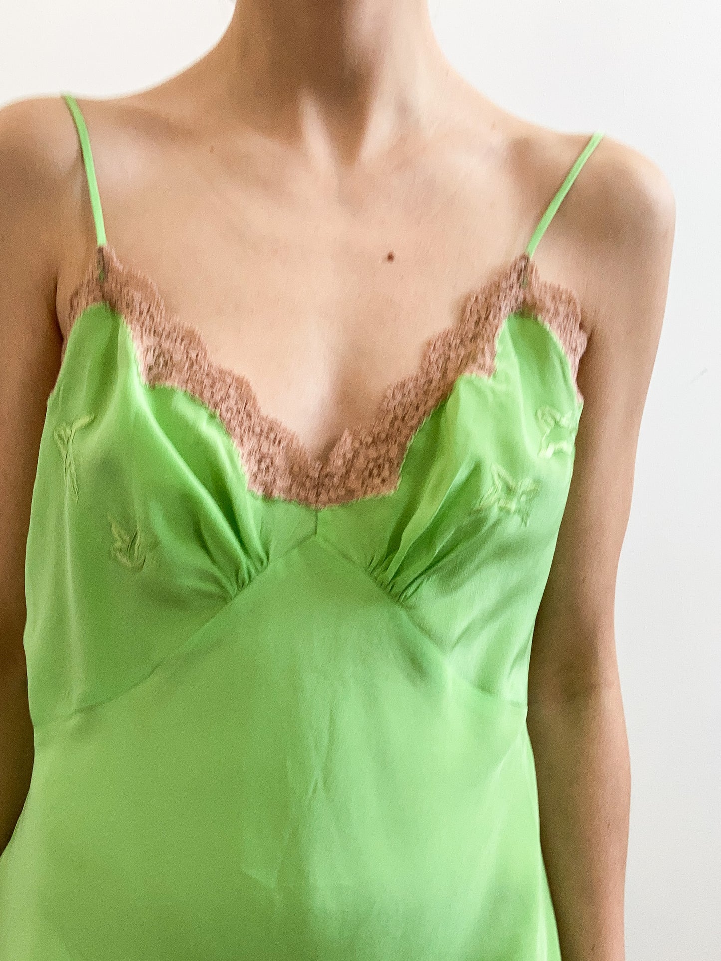 Vintage Avocado Silk Slip with Beige Lace