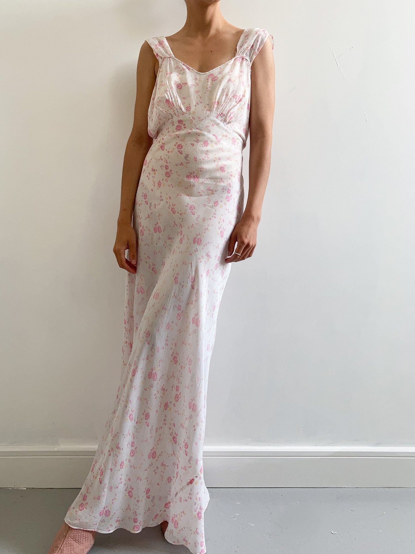 1930s Pink Floral Gathered Slip Gown