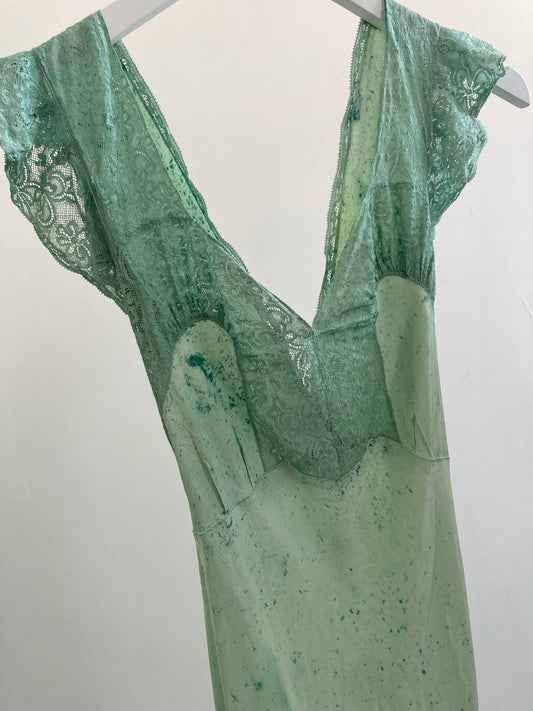 1940s Cap Sleeve & Lace Dyed Slip Gown - Seafoam