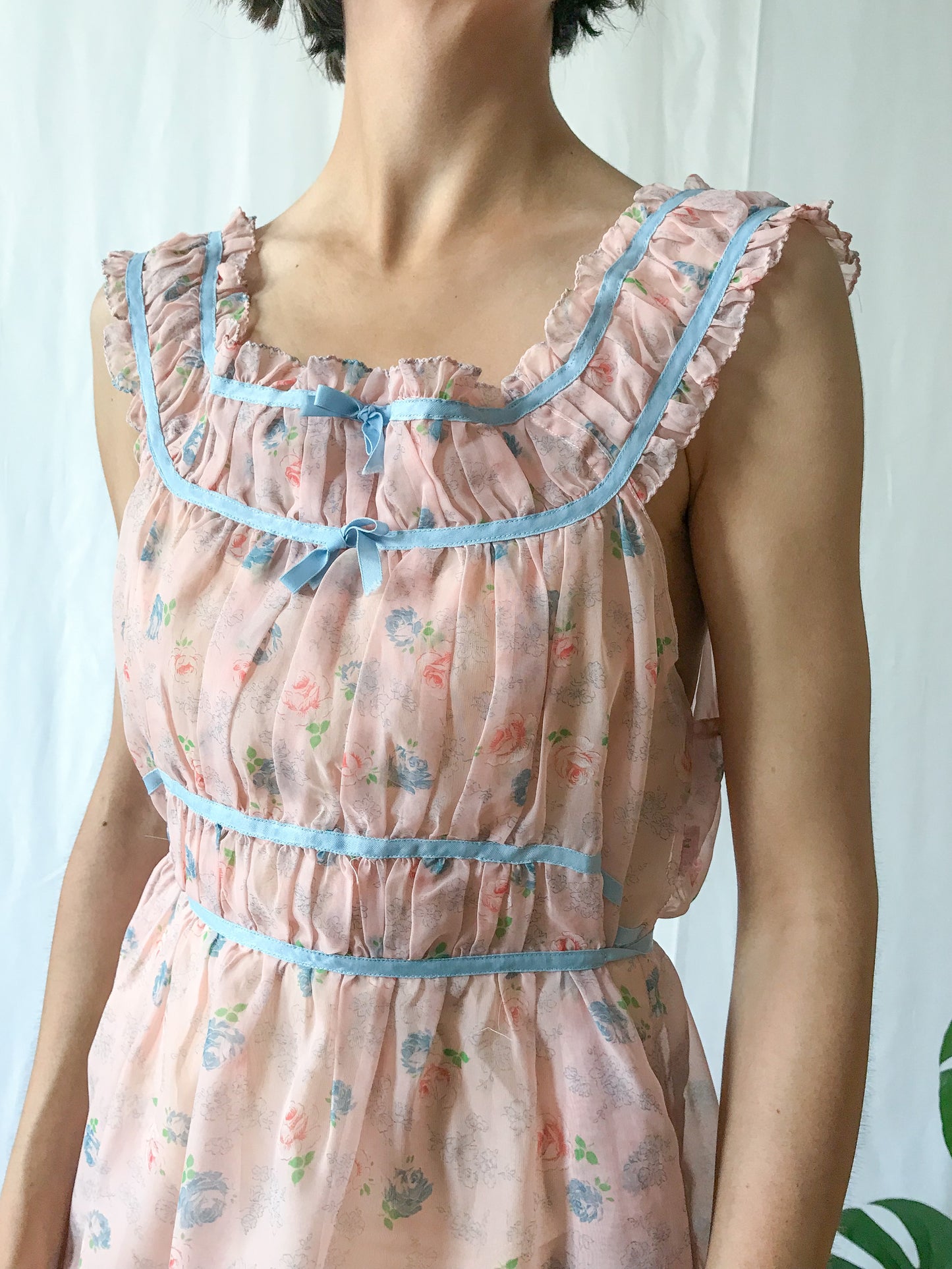 Vintage Pink Sheer Ruffled Floral Gown
