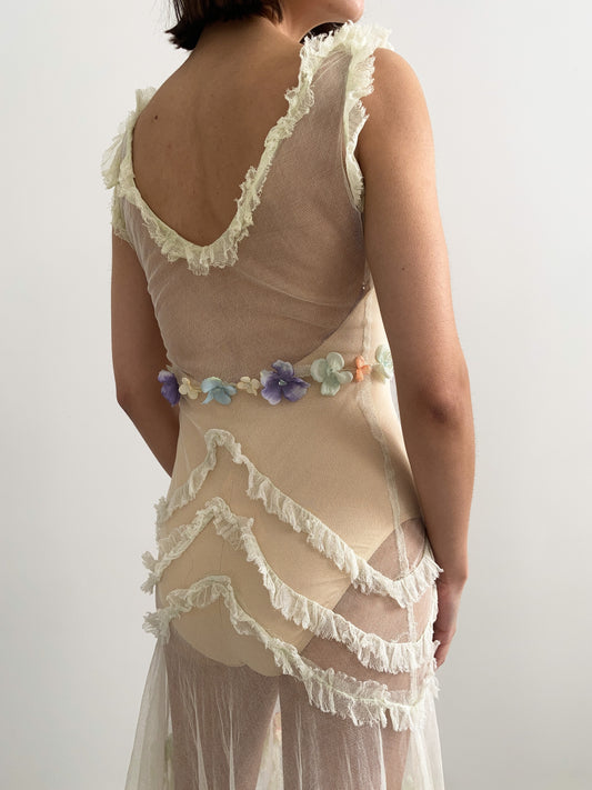 1930s Green Net Tiered Dress with Ruffles