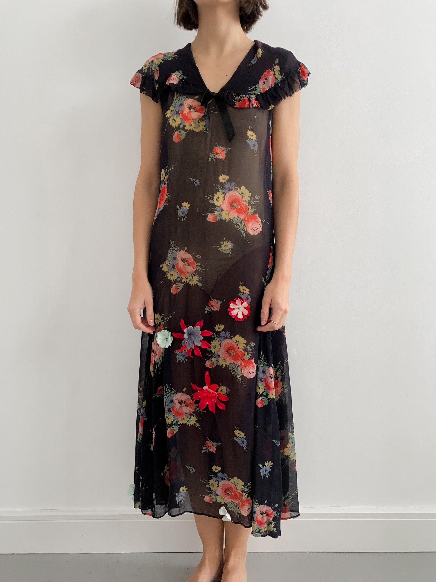 1930s Black Chiffon Floral Ruffled Dress