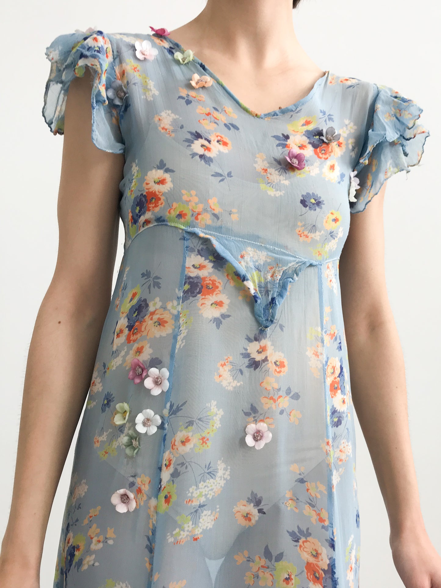 1930s Reworked Blue Floral Chiffon Dress