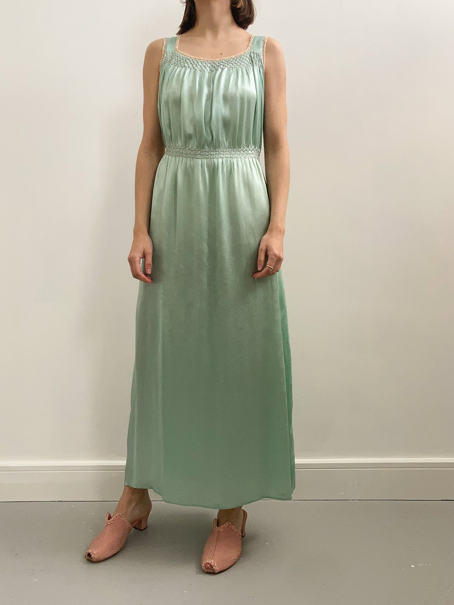 1940s Smocked Sea Green Satin Gown