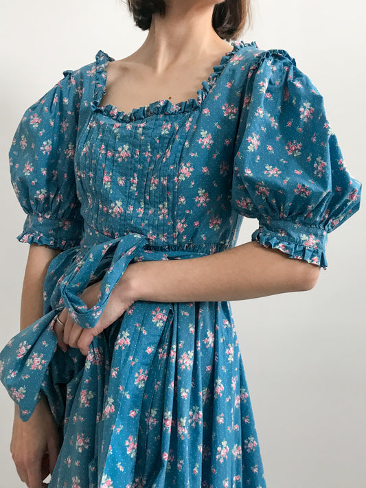 1980s Laura Ashley Blue Puff Sleeve Dress