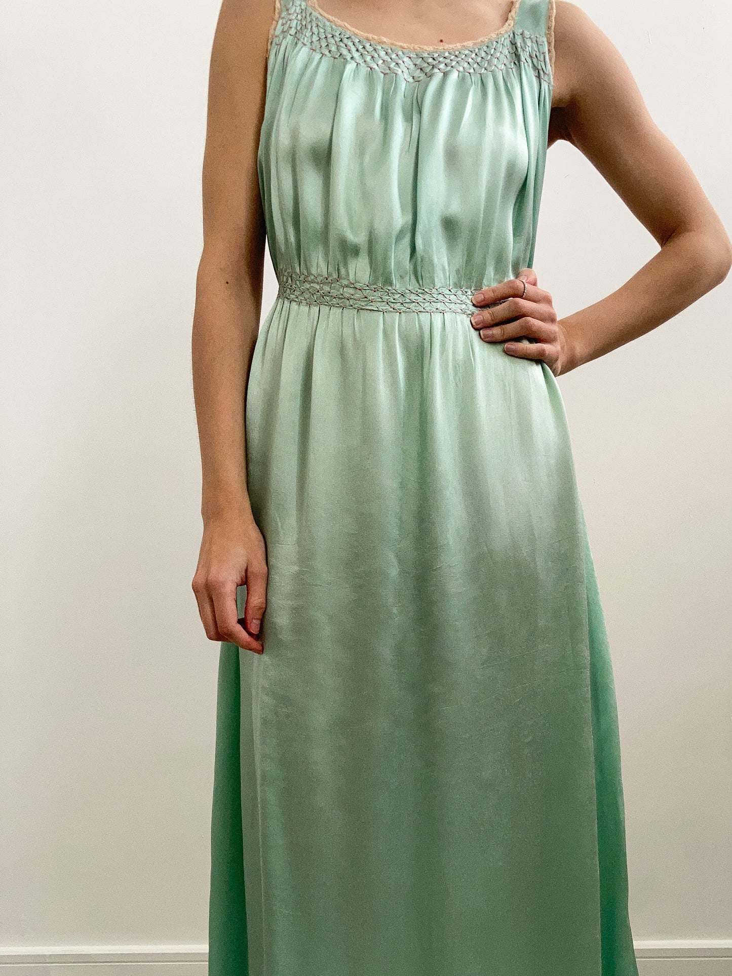 1940s Smocked Sea Green Satin Gown
