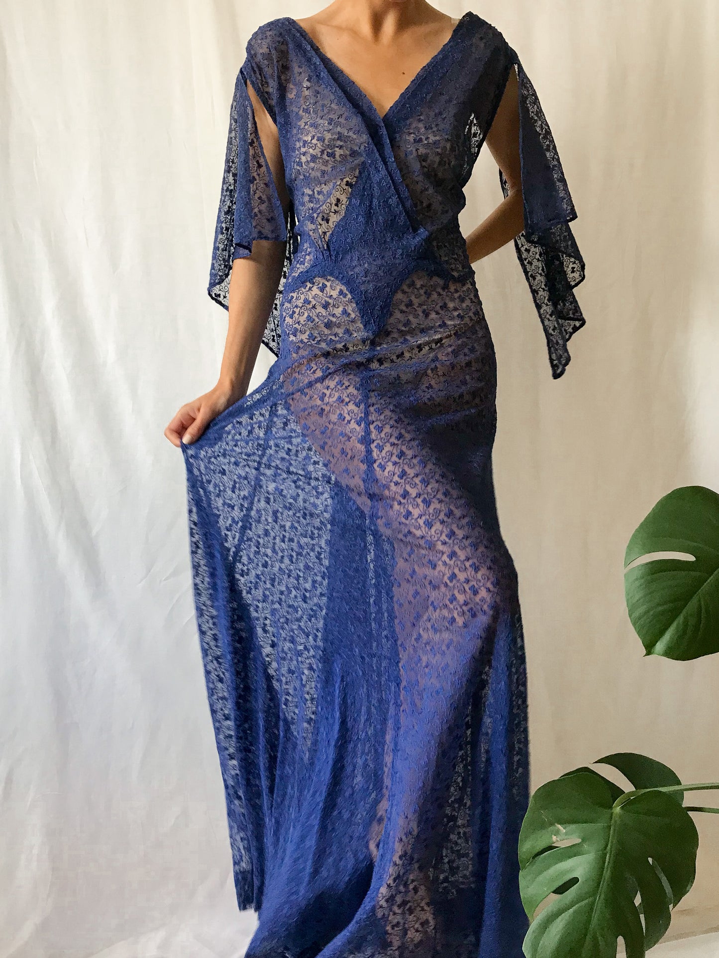 1940s Blue Net Lace Evening Gown