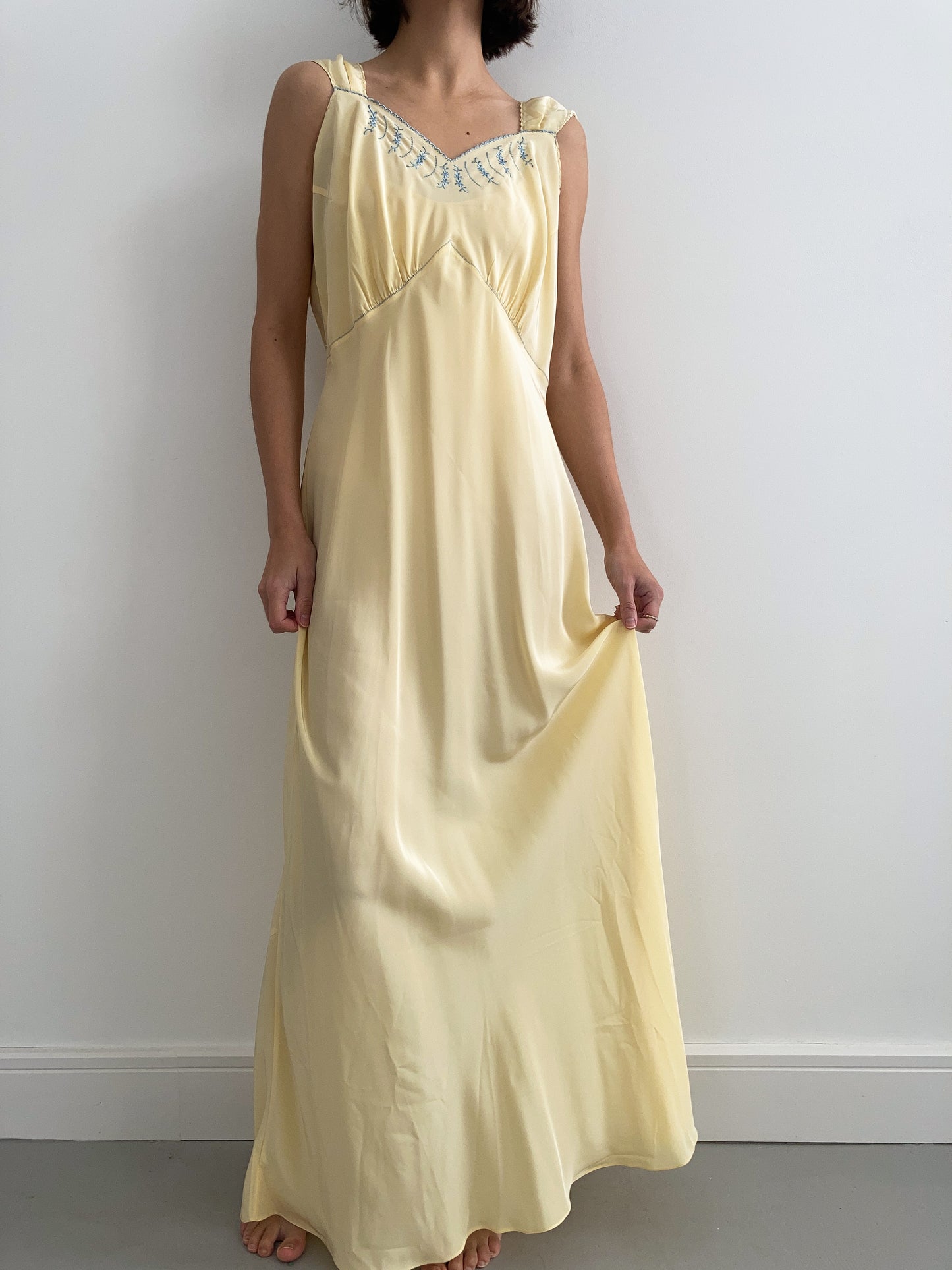 1930s Buttercream Slip with Blue Embroidery