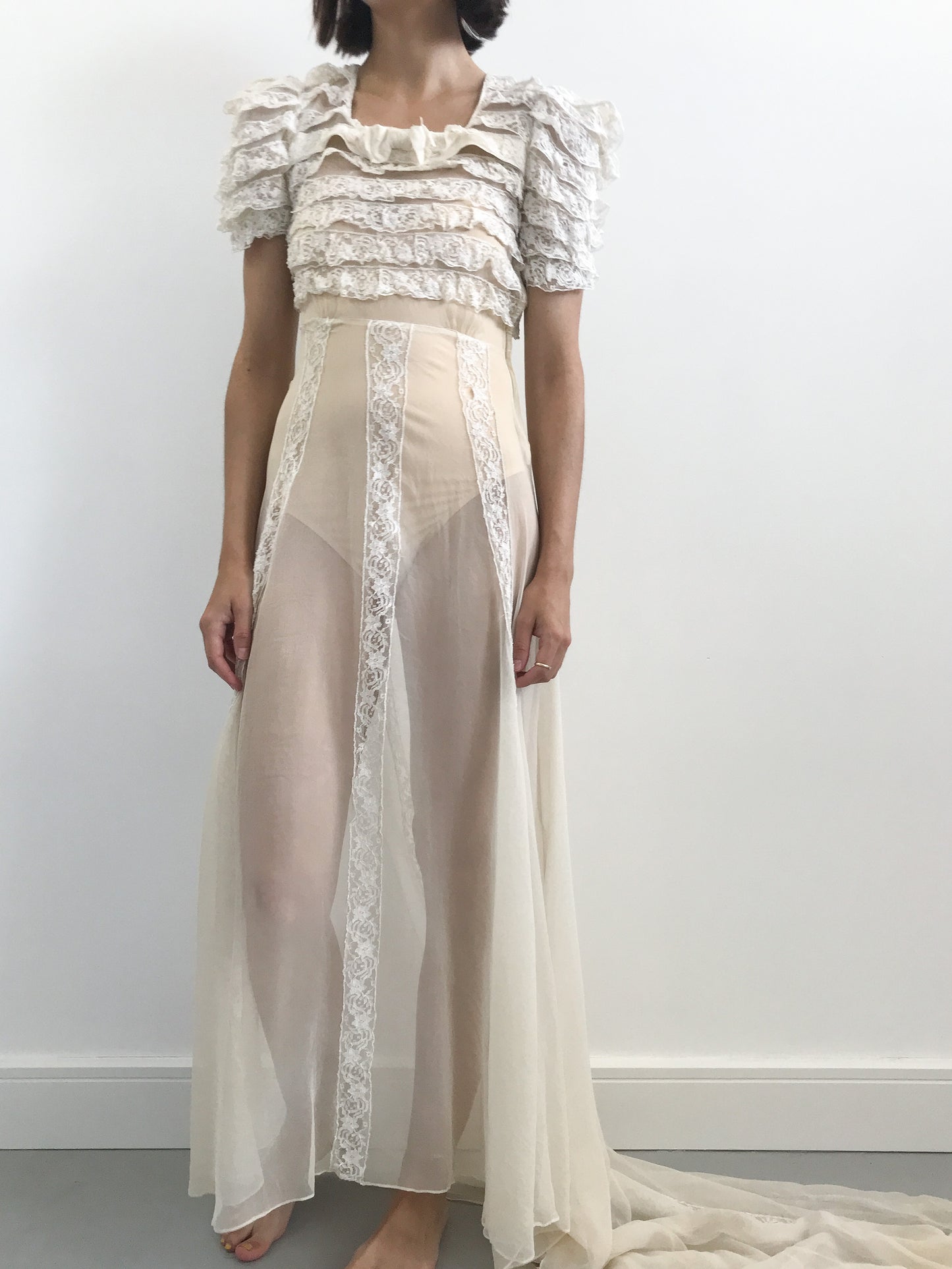 1930s Sheer Net & Lace Wedding Dress