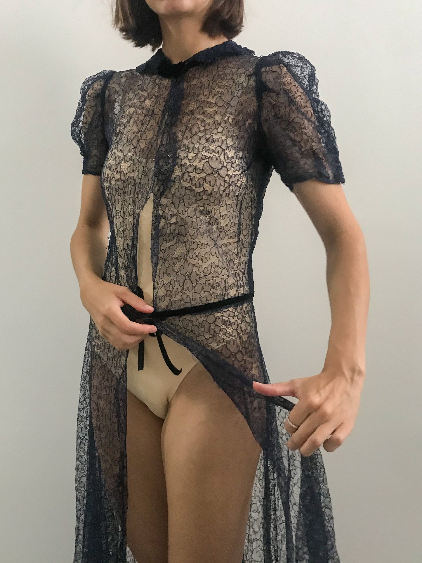 1930s Midnight All Lace Open Front Robe