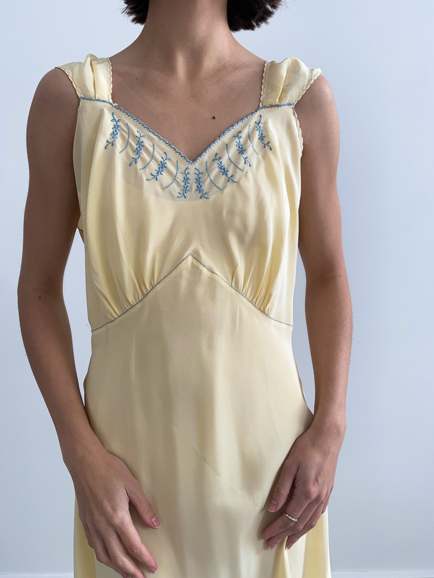 1930s Buttercream Slip with Blue Embroidery