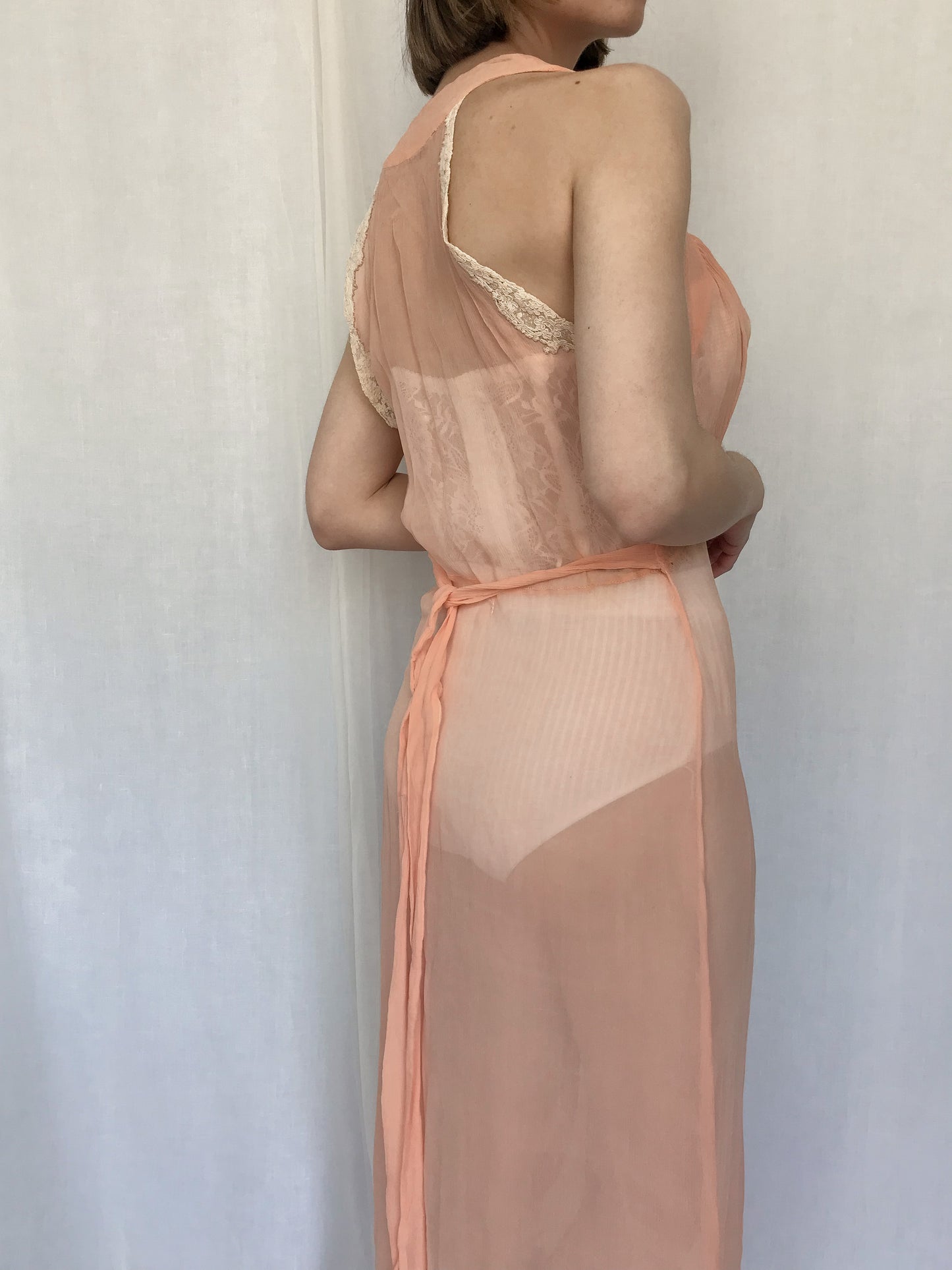 1930s Silk Crepe Sheer Coral Lace Gown