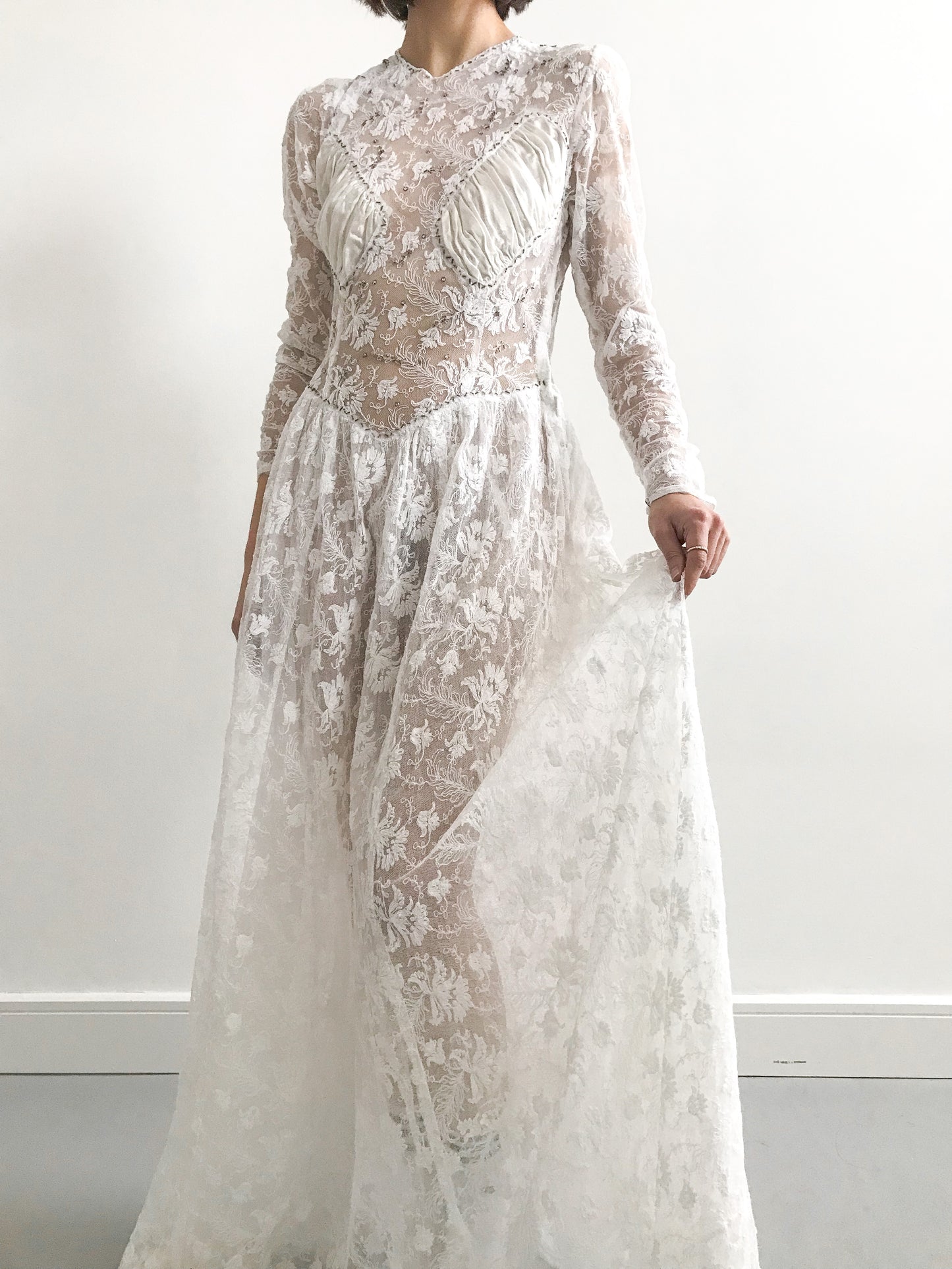 1940s Lace Overlay Sequin Wedding Dress