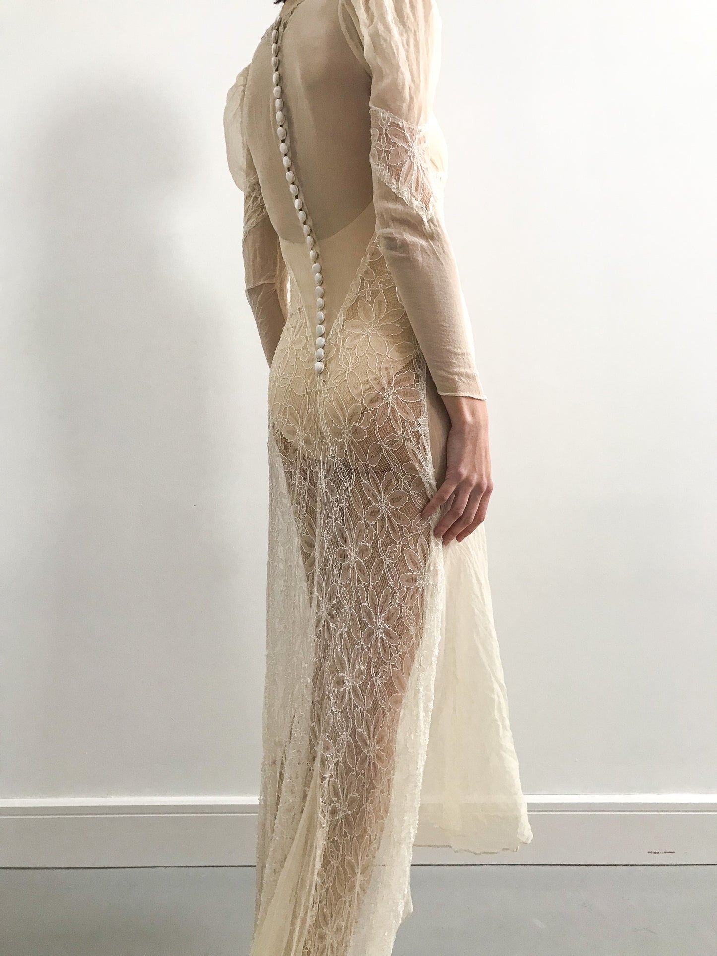 1940s Sheer Chiffon Lace Wedding Dress