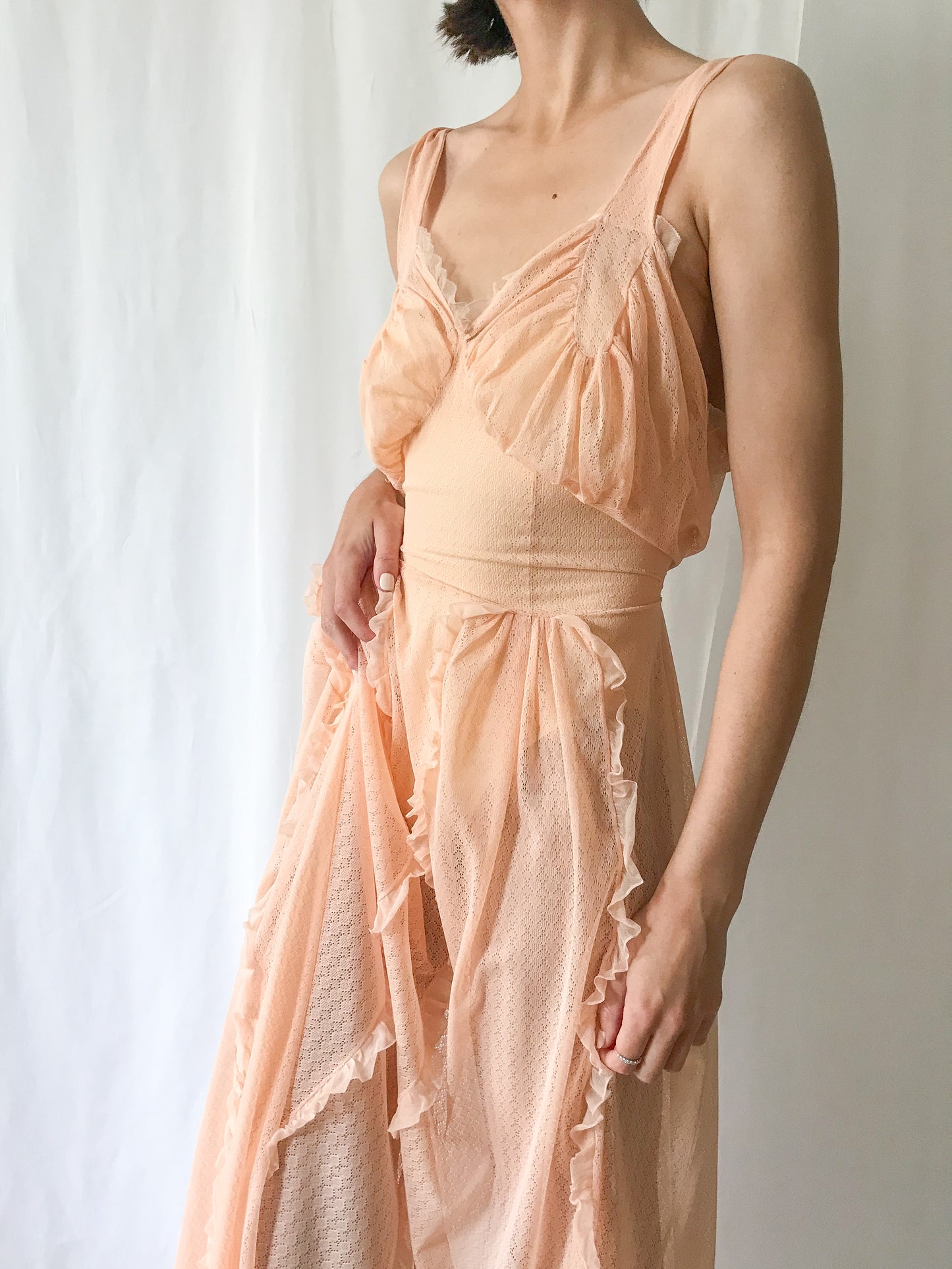 1940s Sheer Orange Ruffled Gown