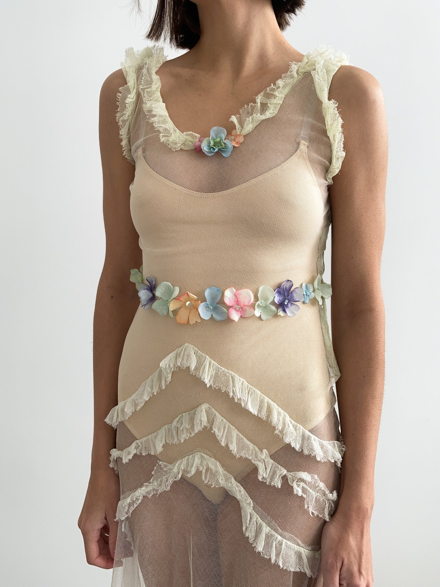 1930s Green Net Tiered Dress with Ruffles