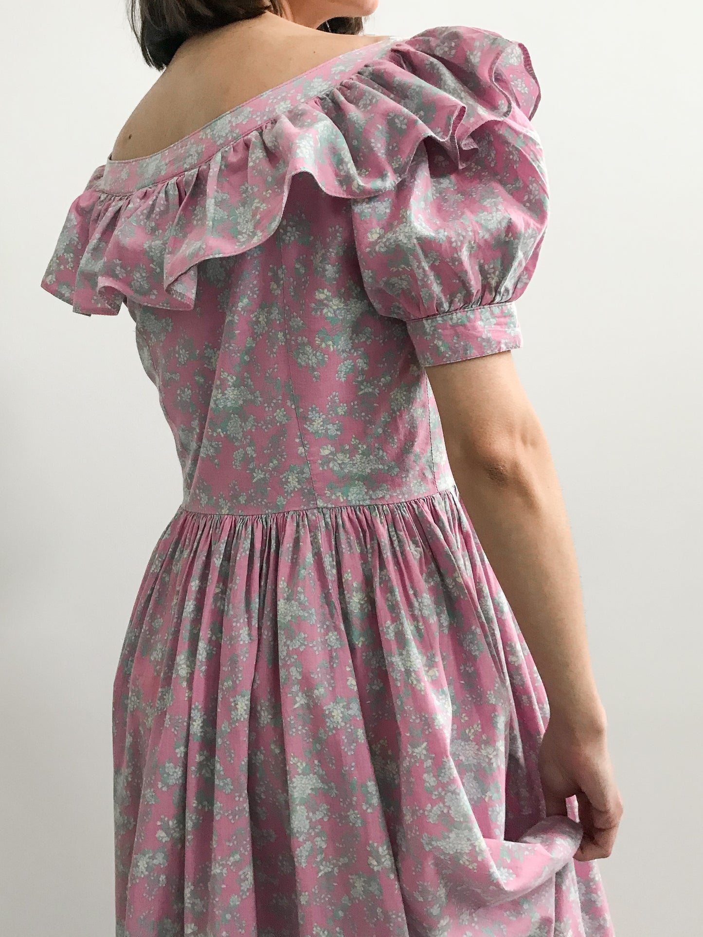 1980s Laura Ashley Pink Ruffled Dress