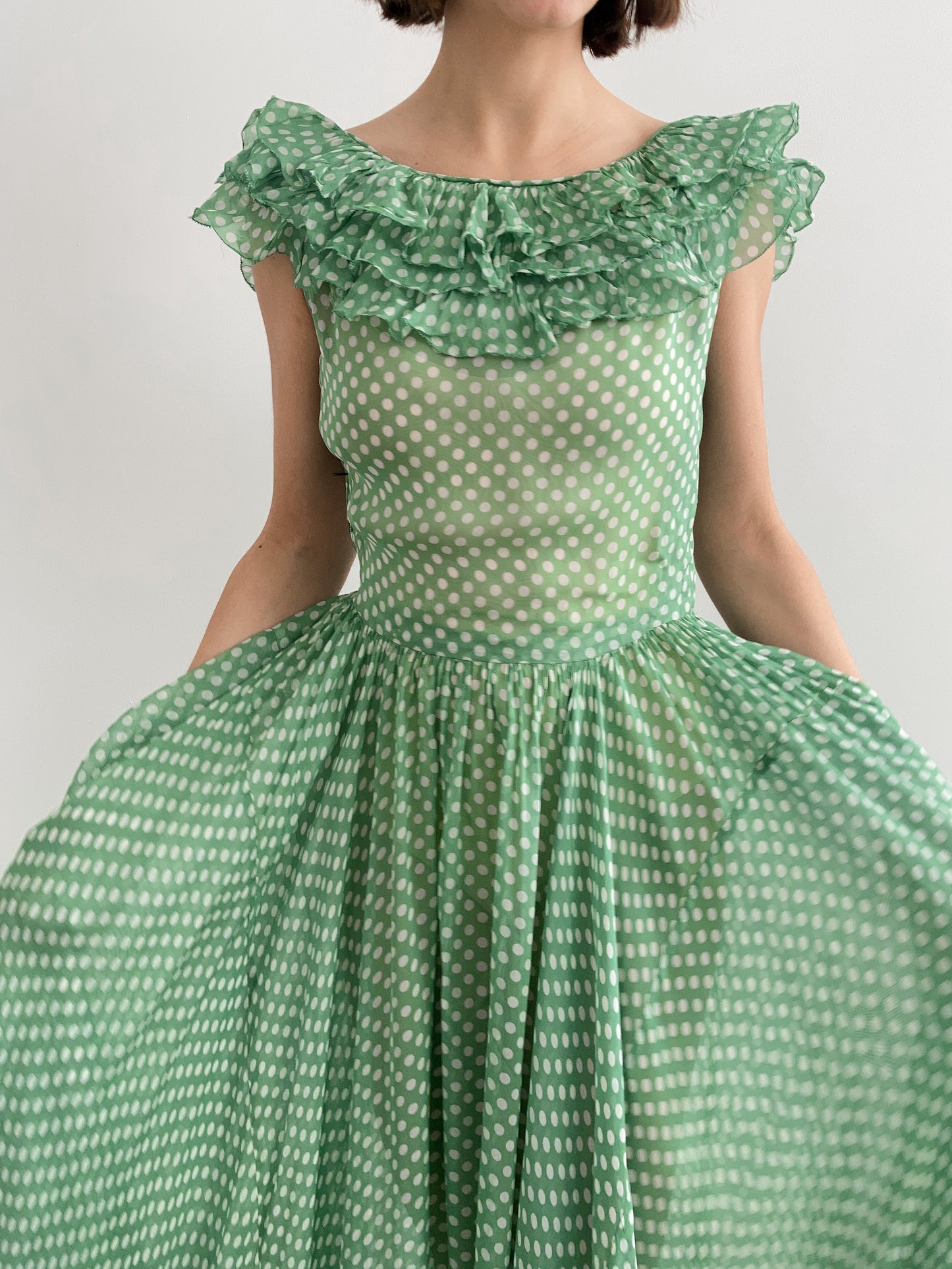 1930s Green Ruffled Polka Dot Dress