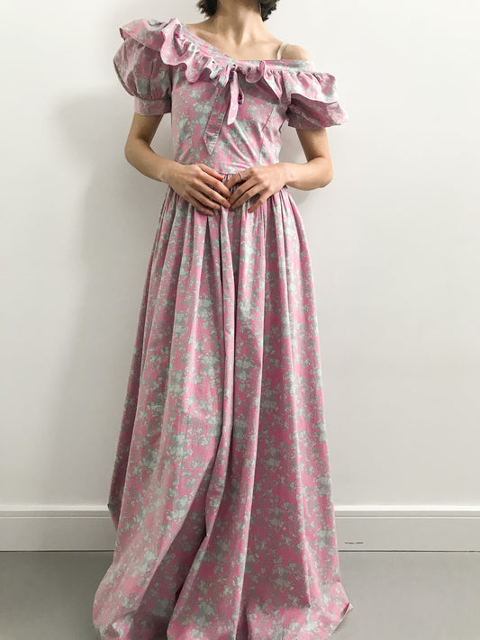 1980s Laura Ashley Pink Ruffled Dress